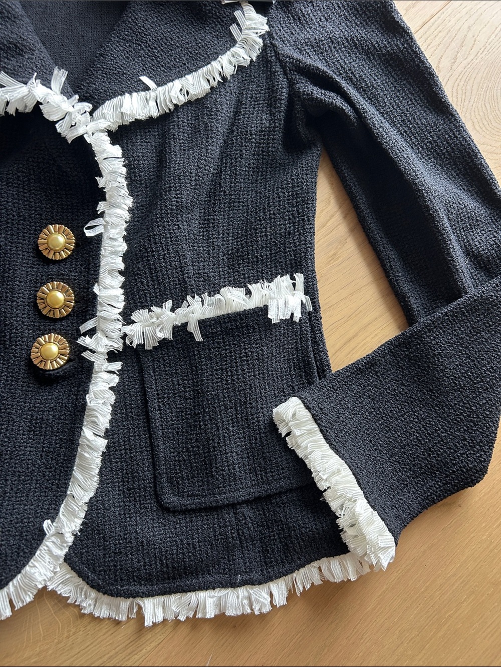 St. John Black Knit Blazer with White Fringe and Gold Buttons - Picture 4 of 8
